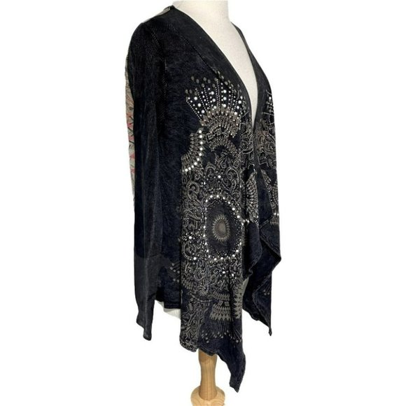 COPY - Vocal USA L distressed beaded black open draped cardigan with sheer arts… - Picture 5 of 8
